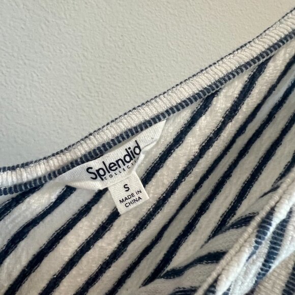 Splendid White & Navy Blue Striped Sleeveless V Neck Belted Onesie Romper - Picture 6 of 7